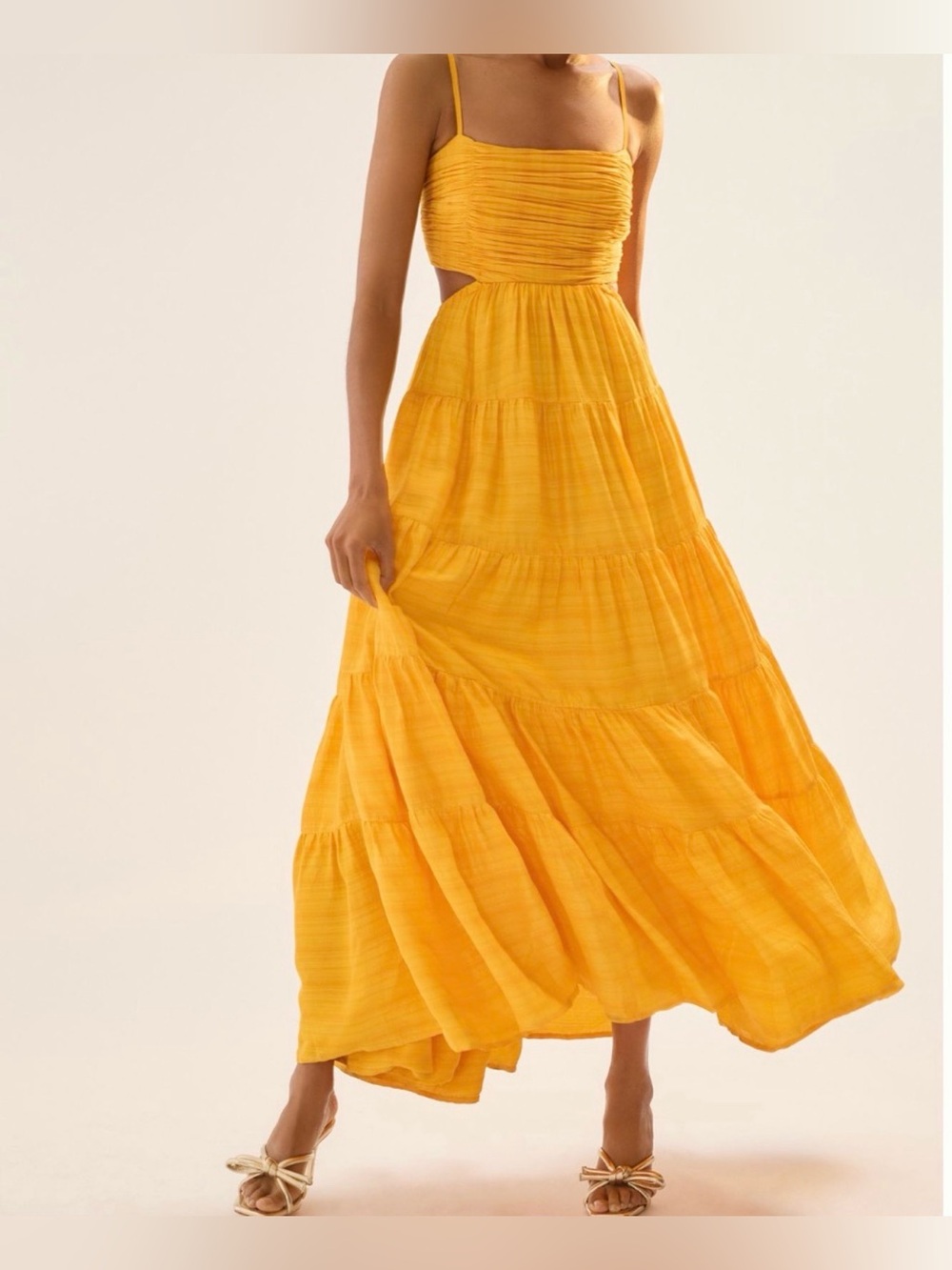 Function & Fringe Edit | Mustard Tiered Maxi Dress with Ruched Bodice - Picture 2 of 8